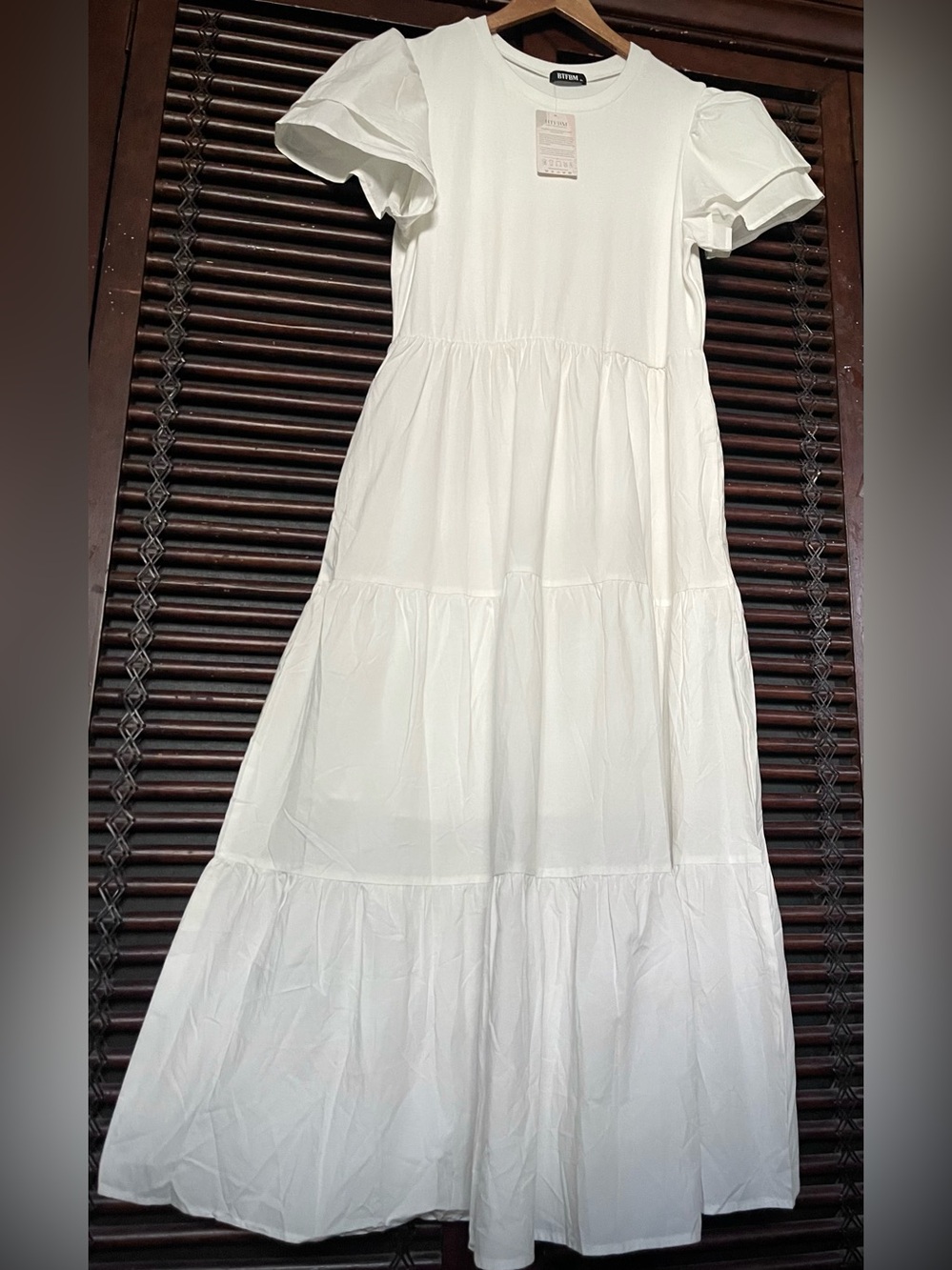 BTFBM White Crewneck Midi Maxi Dress Double Poplin Flutter Sleeves Tiered XL NWT - Picture 7 of 8